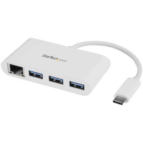 StarTech.com 3-Port USB-C Hub with Gigabit Ethernet - USB-C to 3x USB-A - USB 3.0 Hub - White - Wired - USB - Ethernet - 1000 Mbit/s - White