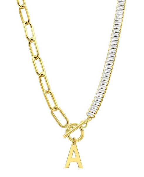 14K Gold-Plated Half Crystal and Half Paperclip Initial Toggle Necklace