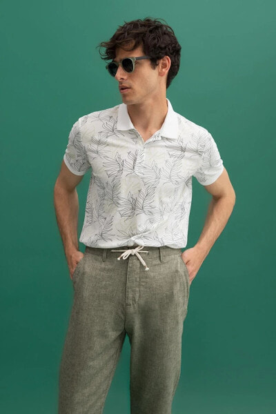 Slim Fit Polo Yaka Floral Desenli Kısa Kollu Tişört