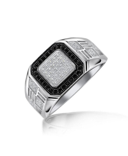 Men's Geometric Micro Pave Halo Square Two Tone White Black CZ Cubic Zirconia Engagement Statement Ring For Men .925 Sterling Silver