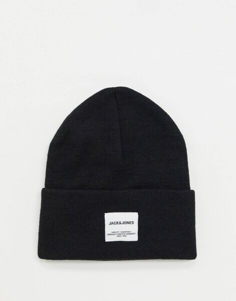 Jack & Jones logo patch beanie in black