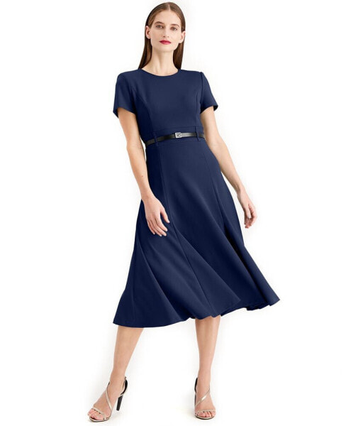 Women's Belted Fit & Flare Midi Dress