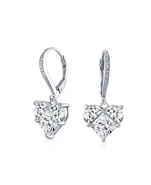Bridal Anniversary Wedding Romantic 4CT AAA CZ Heart Shaped Cubic Zirconia Dangle Lever back Earrings Girlfriend Invisible Cut Sterling Silver