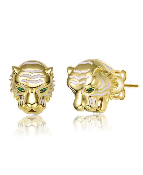 14k Yellow Gold Plated with Emerald Cubic Zirconia White Enamel Roaring Tiger Head 3D Stud Earrings