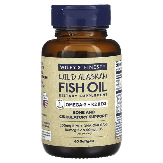 Wiley's Finest, Жир дикой аляскинской рыбы, омега-3 + K2 и D3, 60 рыбных капсул
