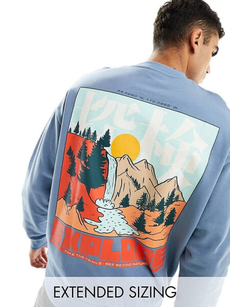 ASOS DESIGN oversized sweatshirt in blue with outdoors back print