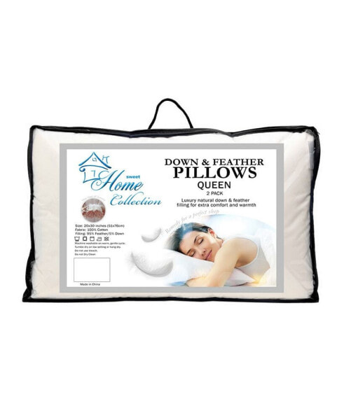 Down and Feather Blend 100% Cotton Cover Premium Queen Pillow 2-Pack