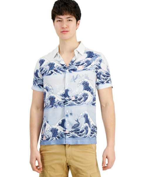 Men's Wave-Print Short-Sleeve Button-Down Shirt