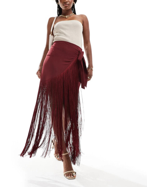 ASOS DESIGN fringed satin wrap maxi skirt in burgundy