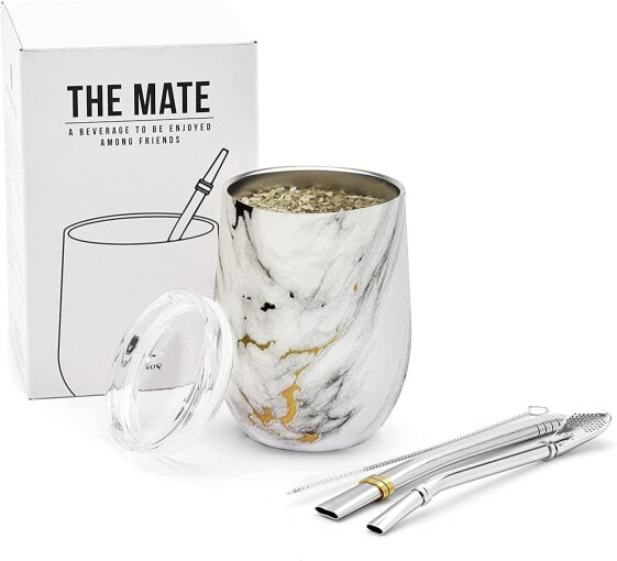 Balibetov Modern Yerba Mate Gourd Set (Mate Cup), Double-walled 18/8 Stainless Steel, Contains Two Bombillas And A Cleaning Brush