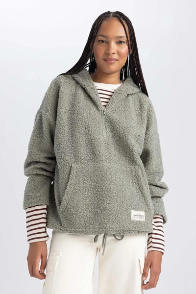 Oversize Fit Kapüşonlu Kanguru Cepli Yarım Fermuarlı Pelüş Sweatshirt