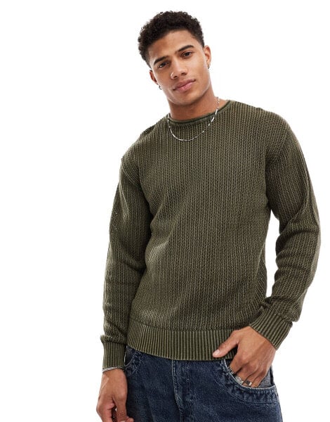 Pull&Bear crochet knitted jumper in khaki