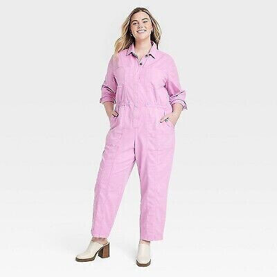 Women's Long Sleeve Button-Front Coveralls - Universal Thread Pink 30