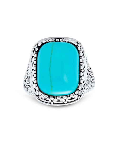 Large Rectangle Cabochon Gemstone Milgrain Set Blue Turquoise Western Statement Ring For Women Filigree Scroll Band .925 Sterling Silver