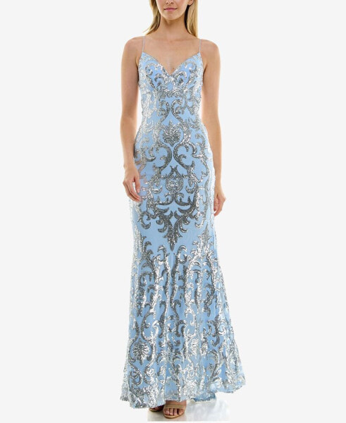 Juniors' Strappy-Back Patterned Sequin Gown