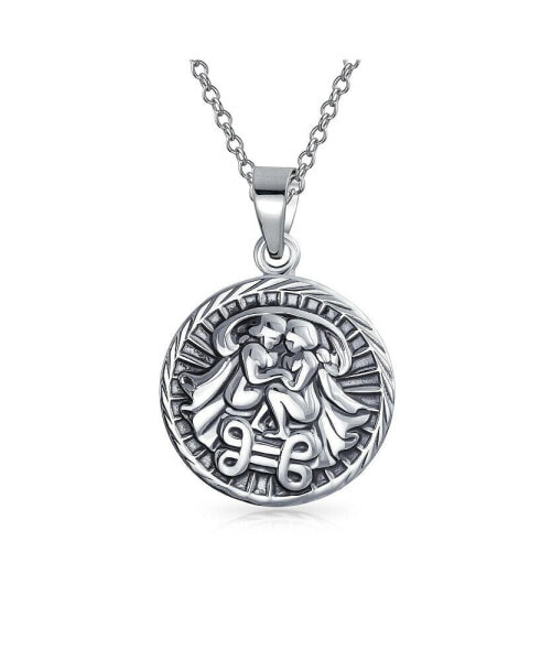 Gemini Zodiac Sign Astrology Horoscope Round Medallion Pendant For Women Necklace Sterling Silver