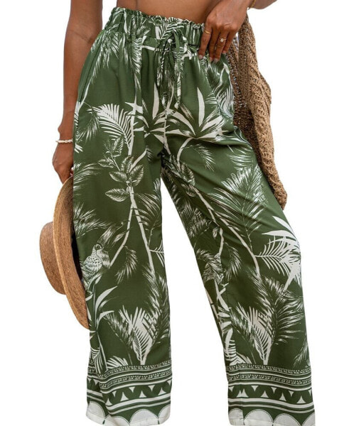 Women's Green Tropical Bird Wide Leg Resort Pants