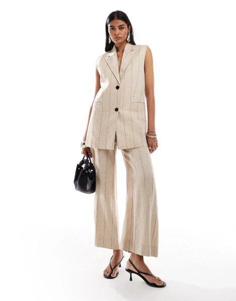 & Other Stories linen wide leg tailored trousers in beige with black pinstripes