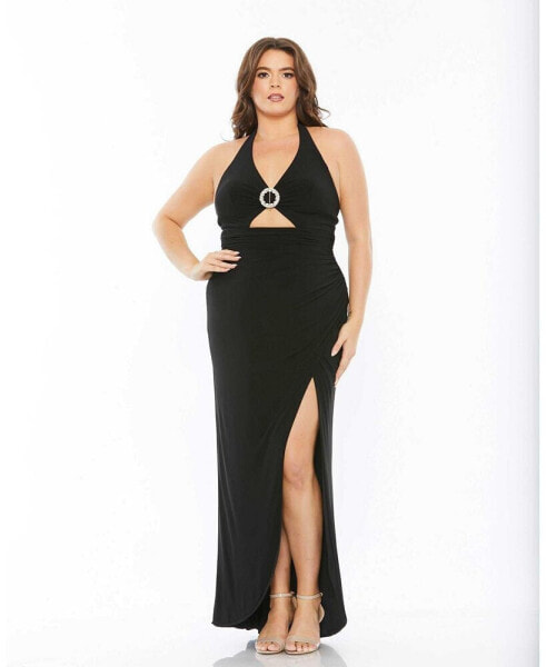 Plus Size Halter Tie Keyhole Detail Gown