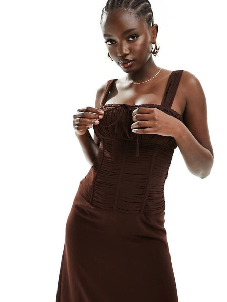 ASOS DESIGN chiffon shirred waist strappy midi with tie neck and lace trim detail in chocolate