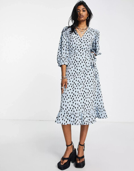 ONLY puff sleeve wrap midi dress in blue spot