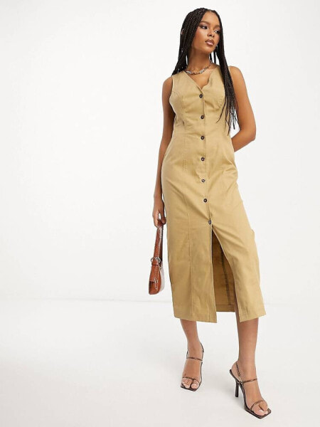 ASOS DESIGN twill midi dress with button through in camel 