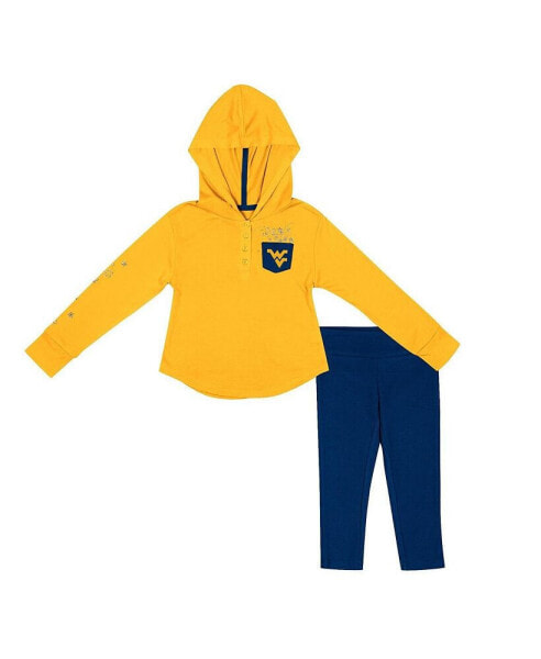 Toddler Girls Gold, Navy West Virginia Mountaineers Most Delightful Way Long Sleeve Hoodie T-shirt and Leggings Set
