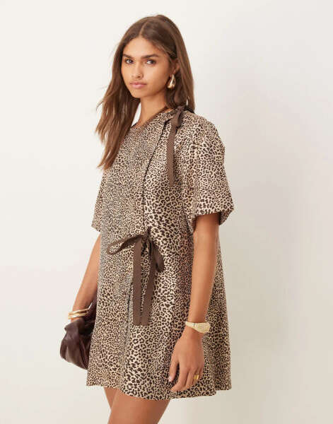 Ghospell Leighton wrap mini dress in brown leopard