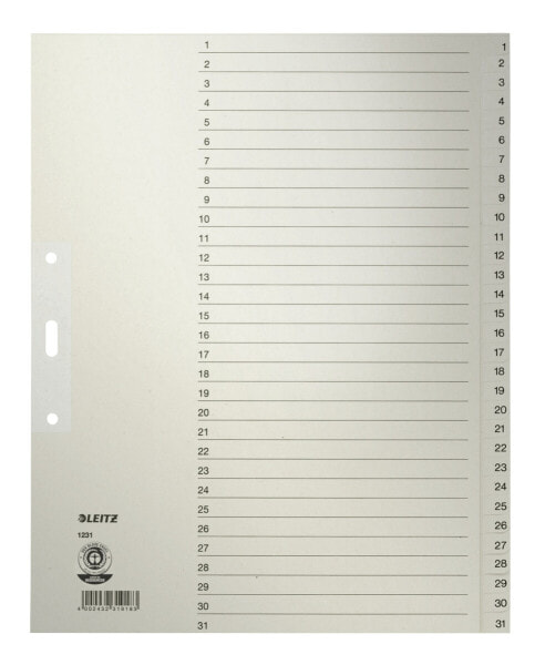 Esselte Leitz 12310085 - Numeric tab index - Paper - Gray - 100 g/m² - 240 mm - 30 cm