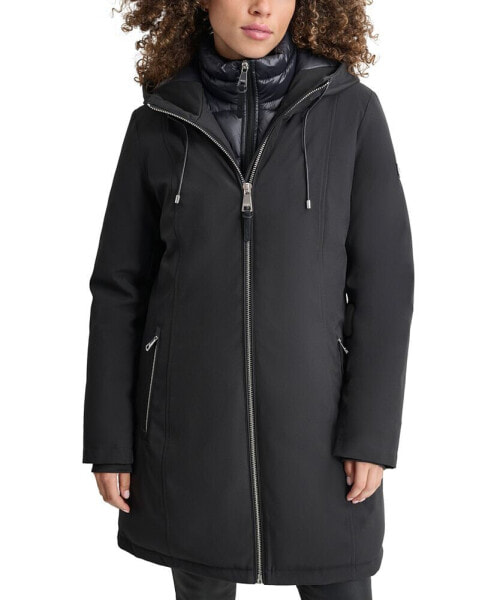 Womens Hooded Bibbed Zip-Front Puffer Coat