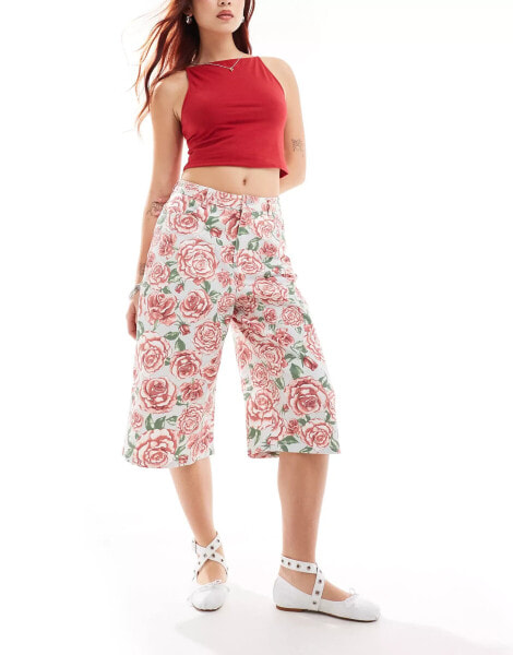 Monki longline culottes shorts in rose print