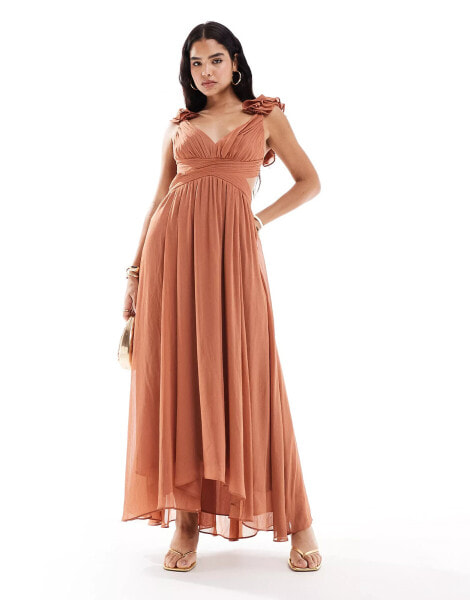 Forever New ruffle shoulder maxi dress in rose brown