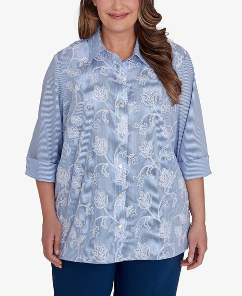 Plus Size Classic Embroidered Pinstripe Button Front Top