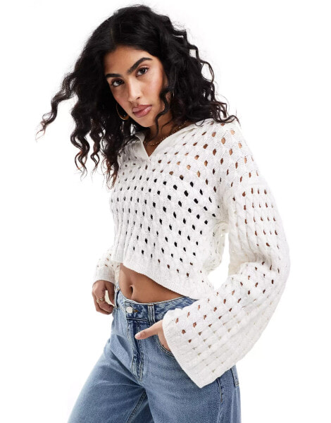 Miss Selfridge open stitch crochet long sleeve polo jumper in cream