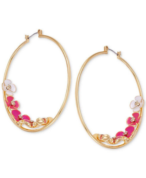 Gold-Tone Pink Flower Large Hoop Earrings, 2.25"