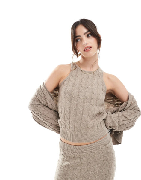 Vero Moda Aware cable knit tank top co-ord in beige melange