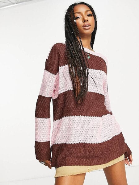 Daisy Street oversized open knit jumper in brown pink stripe