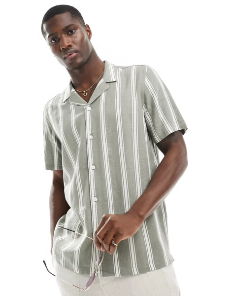 New Look short sleeved striped linen blend shirt in green