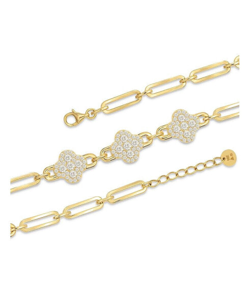 Cubic Zirconia Clover Paperclip Chain Bracelet in 14K Gold, 6.5 in adj to 7.5 in, approx. 6 grams