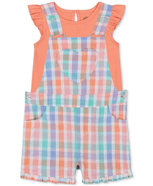 Baby Girls Flutter-Sleeve T-Shirt & Seersucker Plaid Shortall, 2 Piece Set