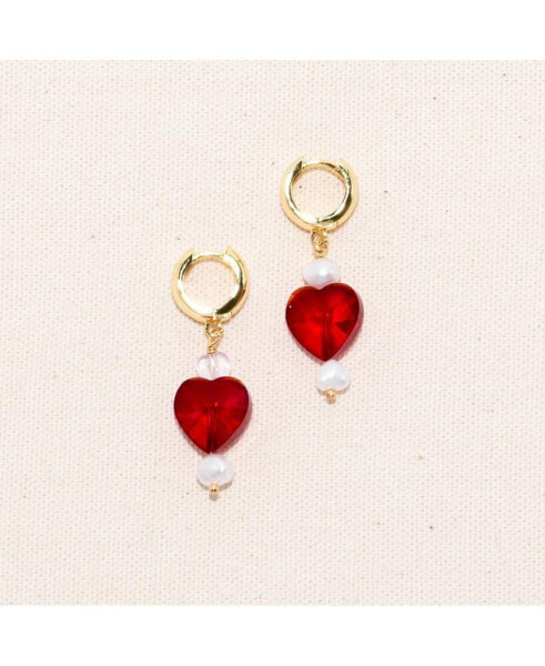 18K Gold Plated Freshwater Pearl with a Red Heart Shape Charm - Kokoro Earrings For Women
