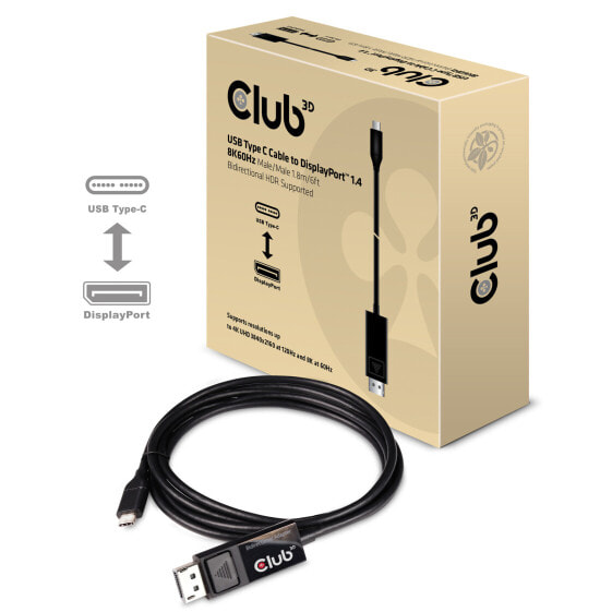 Club 3D USB Type C Cable to DP 1.4 8K60Hz M/M 1.8m/5.9ft, USB C, Displayport 1.4, 1.8 m, Black