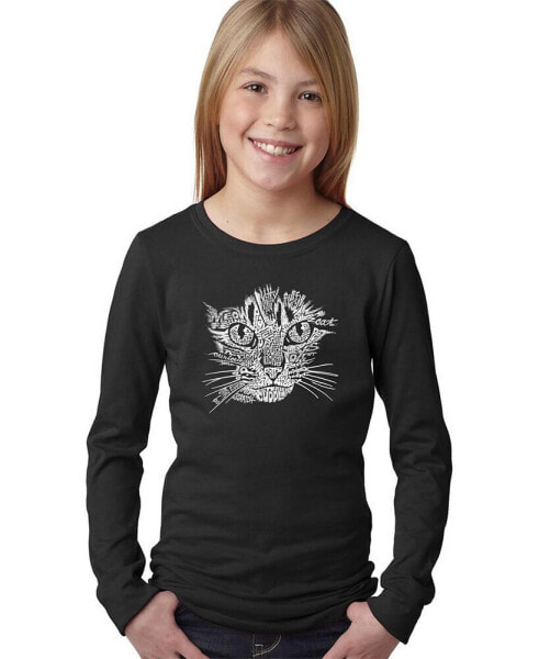 Big Girl's Word Art Long Sleeve T-Shirt - Cat Face