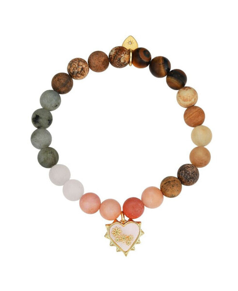 Mother of Pearl Heart and Star Multi Color Stone Beaded Stretch Bracelet