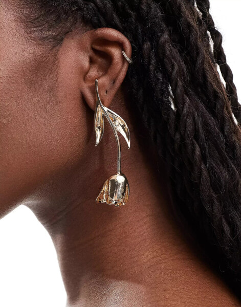 ASOS DESIGN drop earrings with rose detail in gold tone