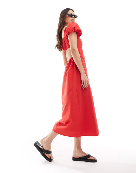 Stradivarius puff sleeve maxi dress in red