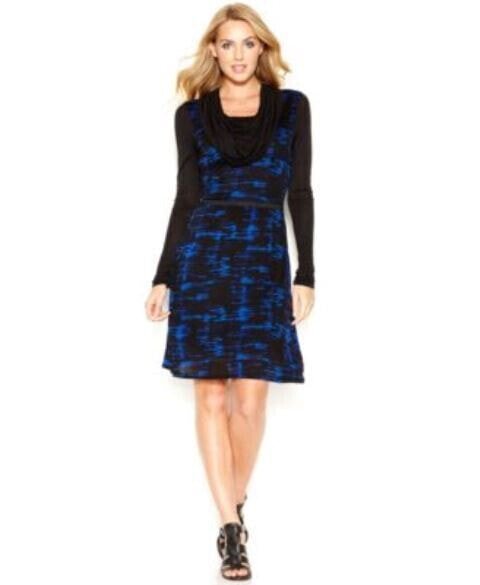 Kensie Women's Long Sleeve Cowl Neck Fit Flare Dress Blue Black M