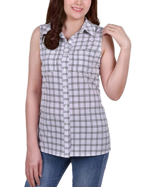 Women's Petite Sleeveless Notch Collar Button Front Blouse