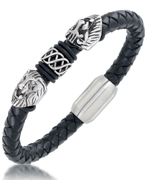 Men's Black Leather Lion Head Bracelet in Stainless Steel