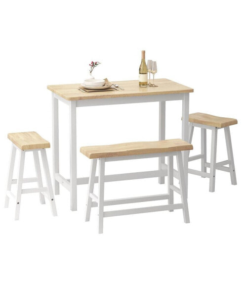 4-Person Wood Dining Set with Bench & Stools